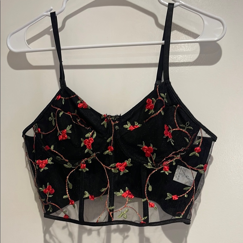 Red and Black Embellished Crop Camisole